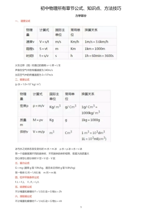 初中物理所有章节公式、知识点、方法技巧