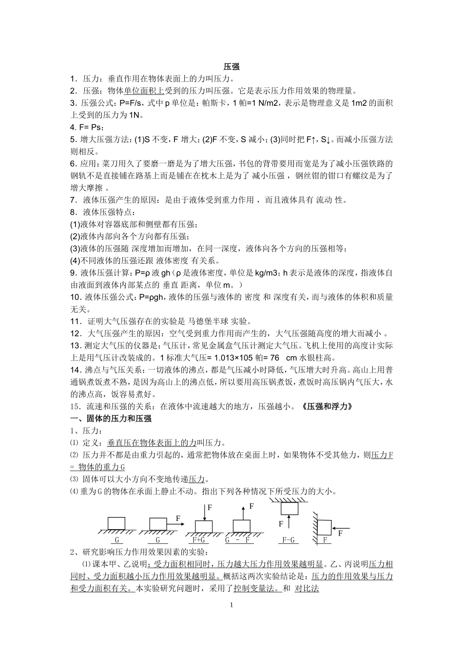 初中物理压强、浮力知识点归纳_第1页