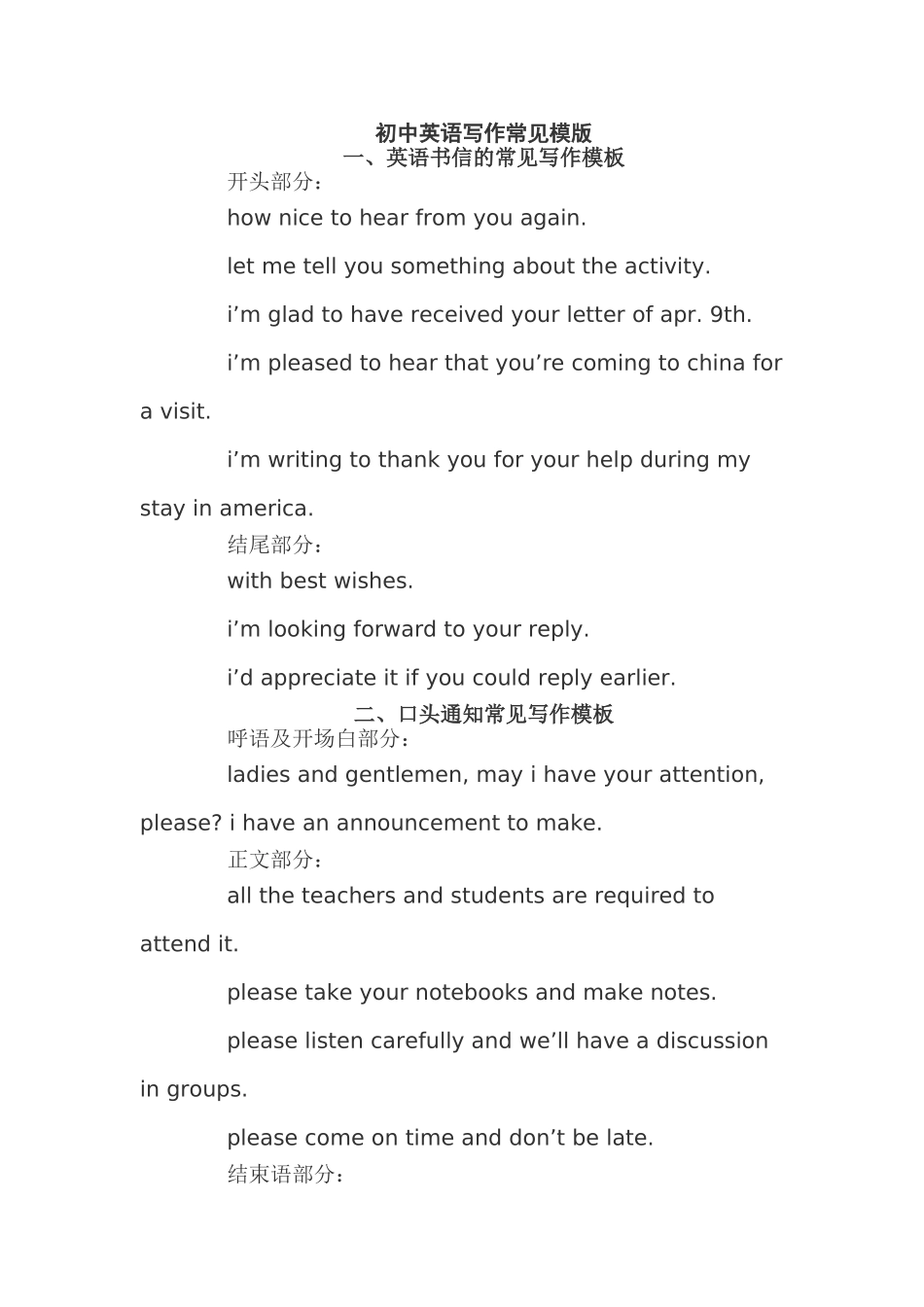初中英语写作模版_第1页