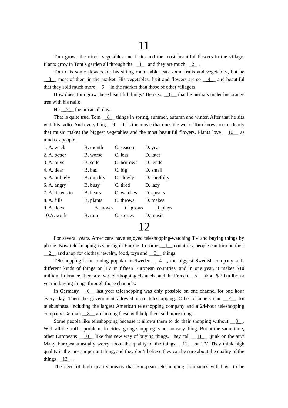 初中英语英语完形填空100篇(二)配答案详解_第1页