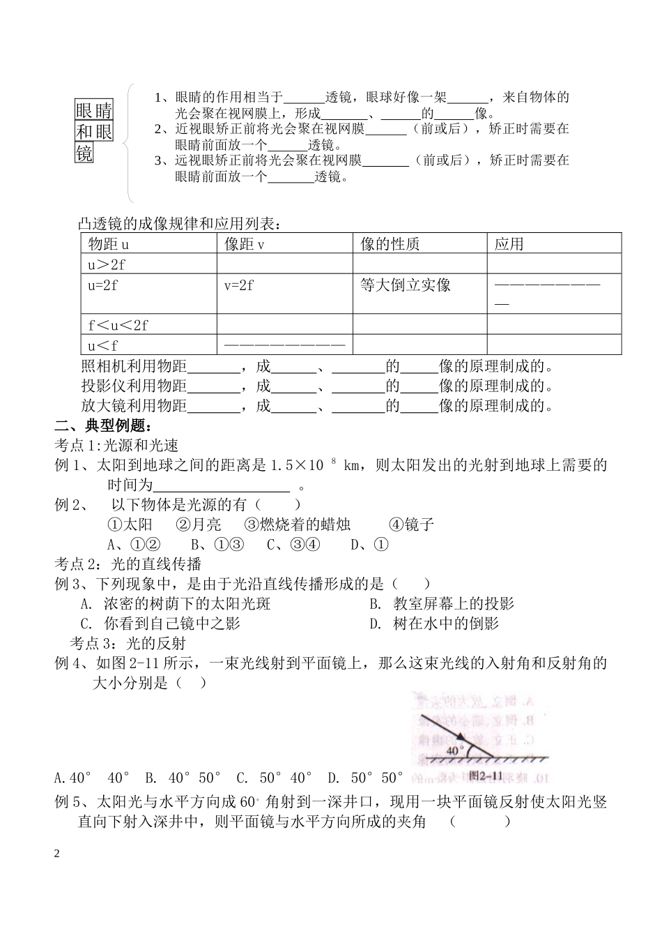 初中物理总复习光学部分知识结构及习题答案_第2页