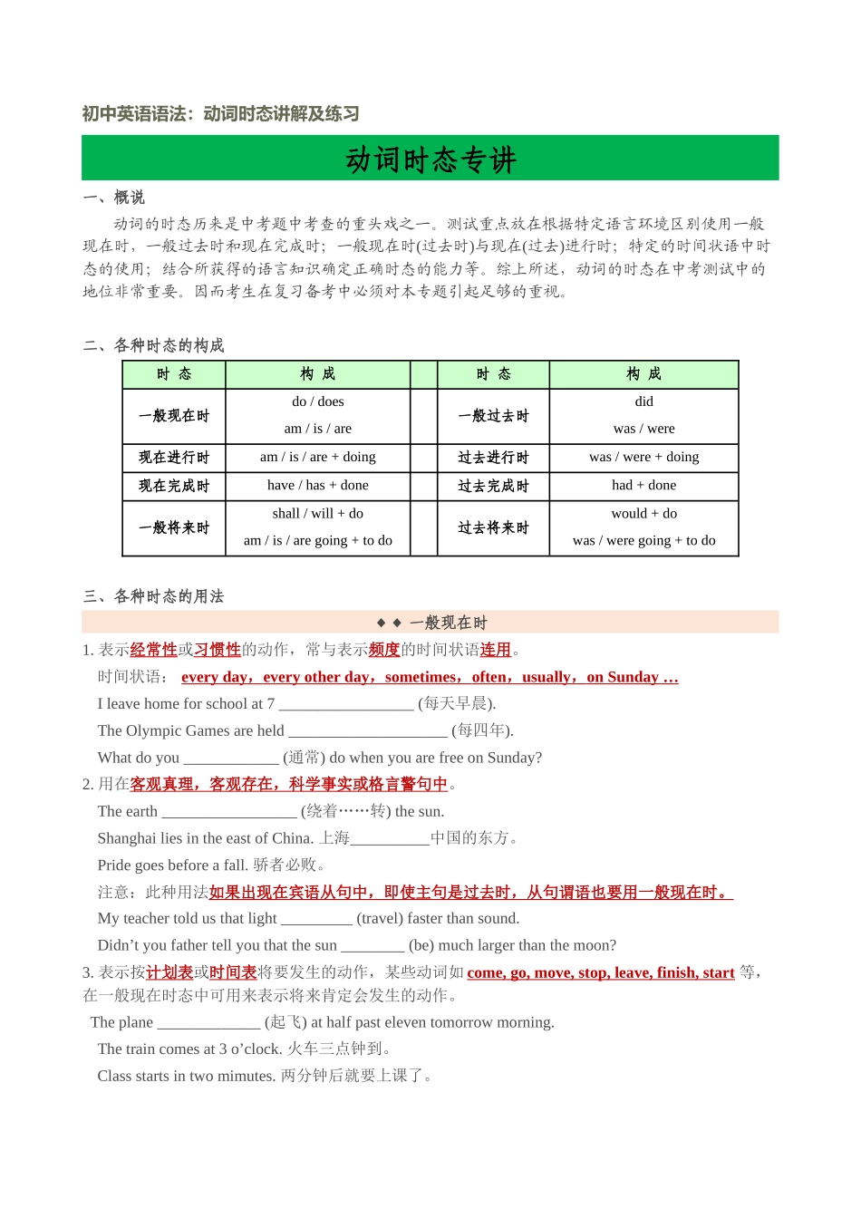 初中英语语法：动词时态讲解及练习_第1页
