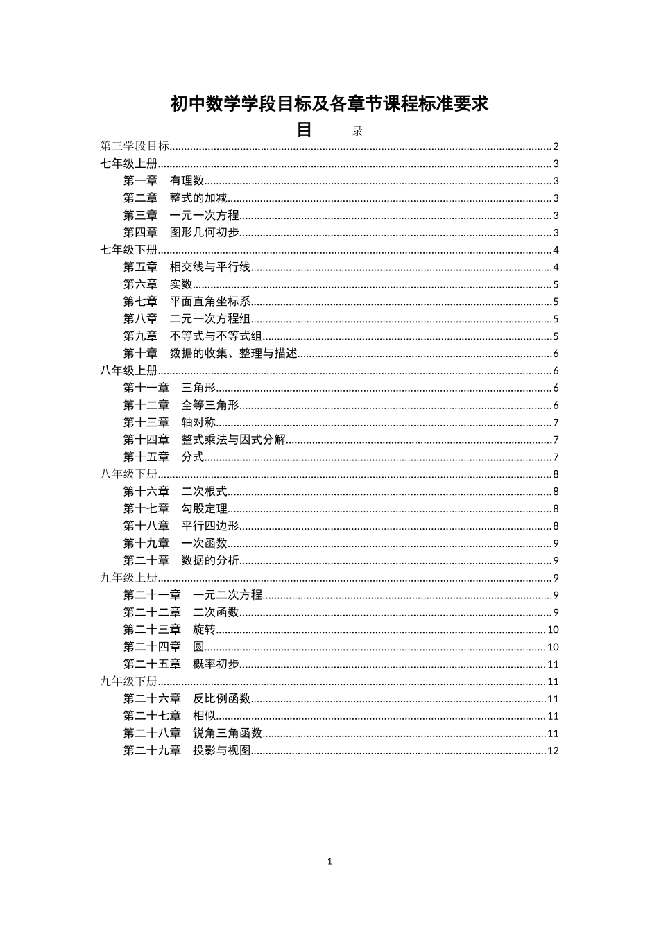 初中数学学段目标及各章节课标要求_第1页