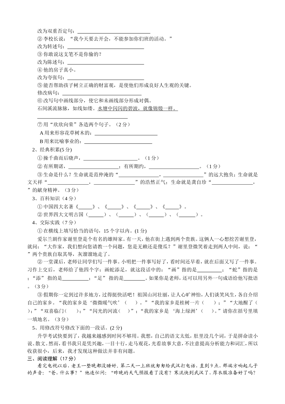 初中入学语文测试卷_第2页