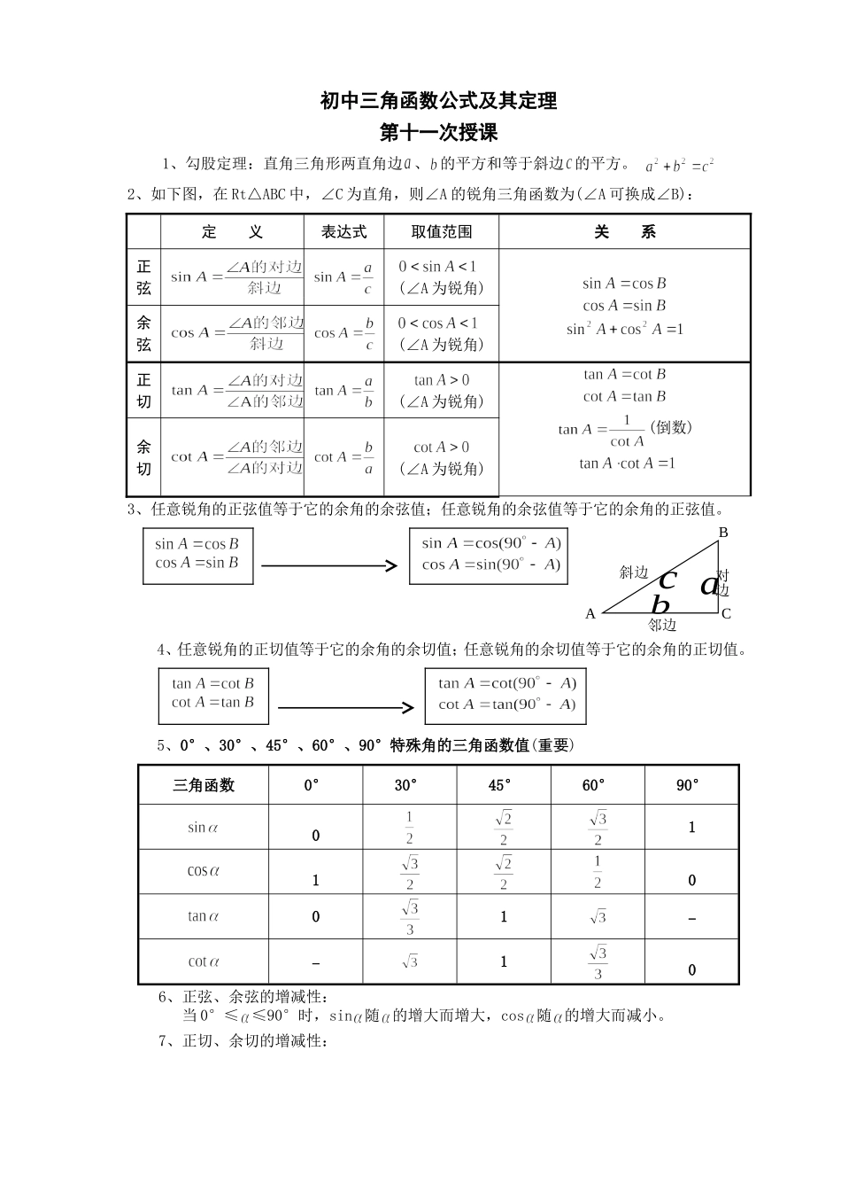 初中三角函数公式及其定理_第1页