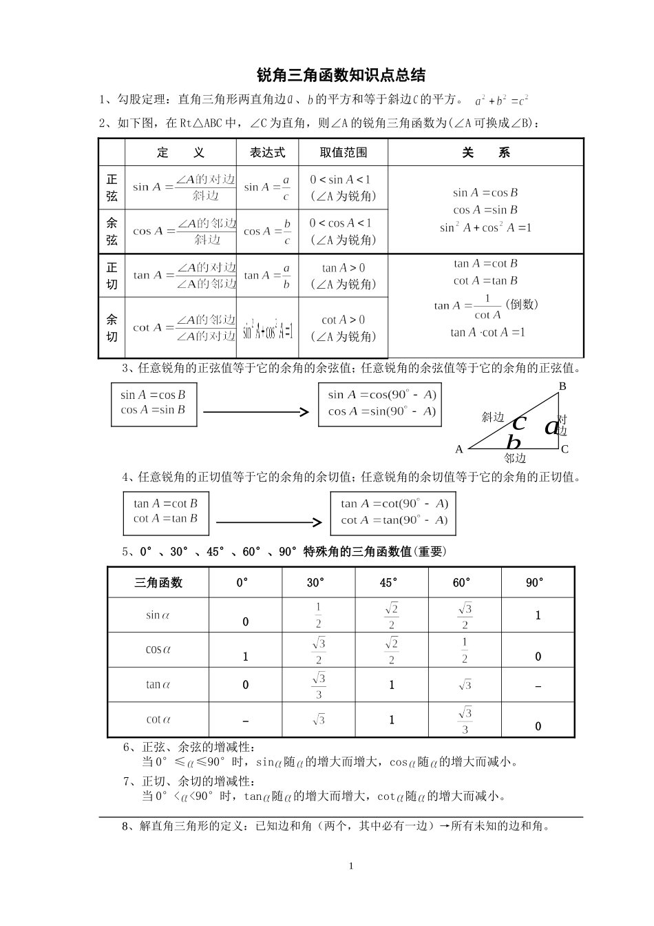 初中三角函数知识点总结及中考真题_第1页