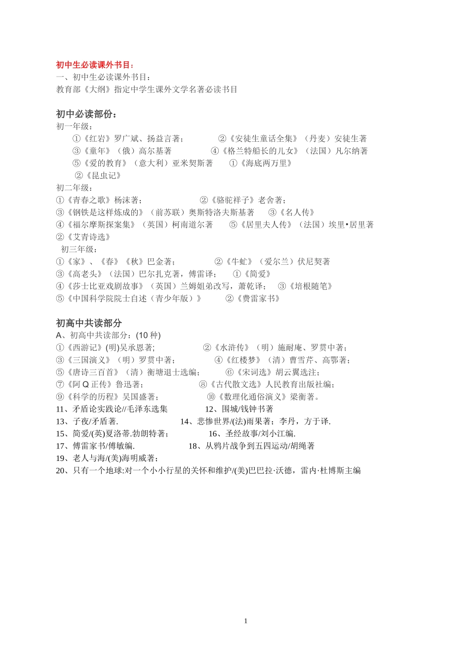 初中生必读课外书目_第1页