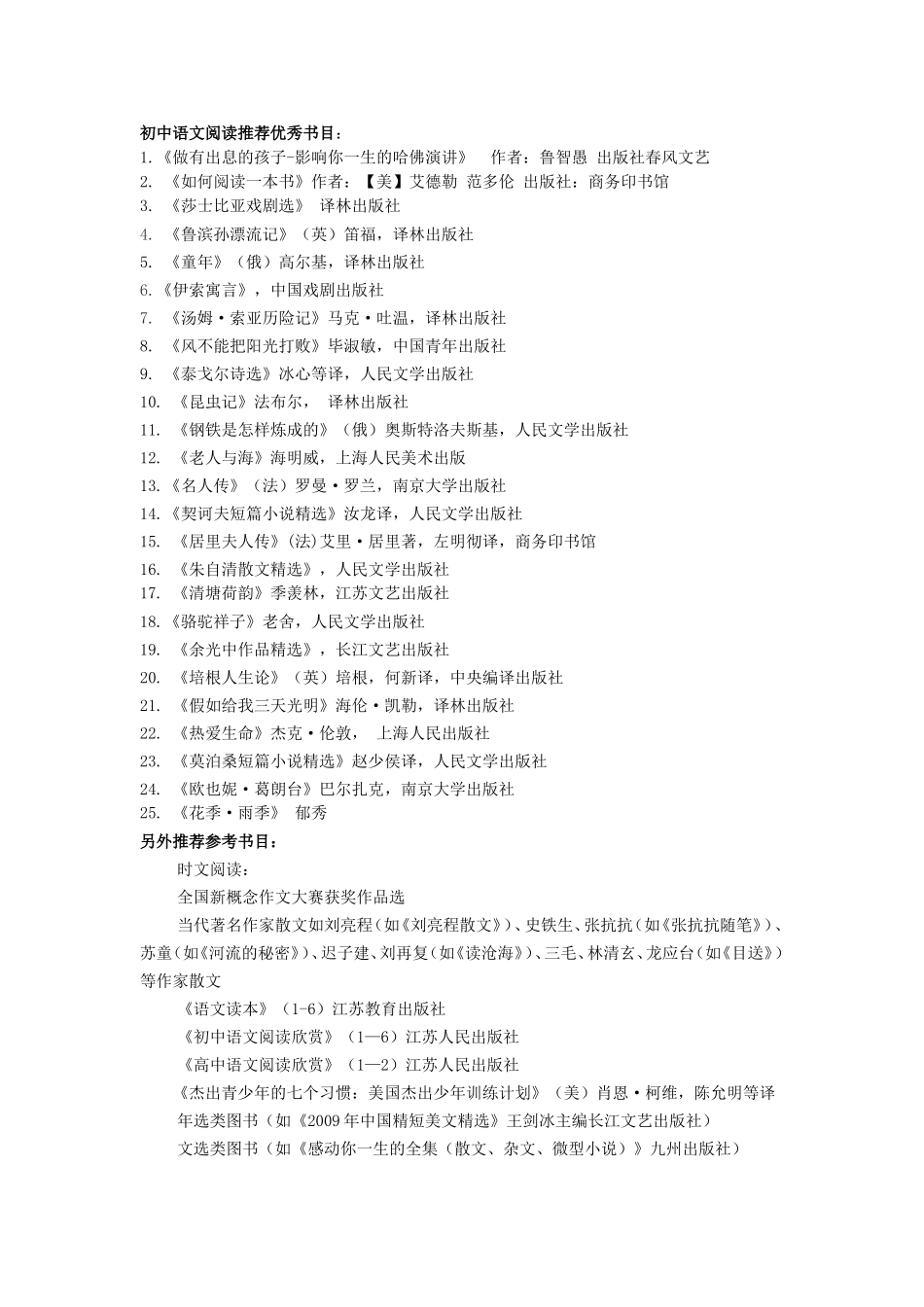 初中语文阅读推荐优秀书目_第1页