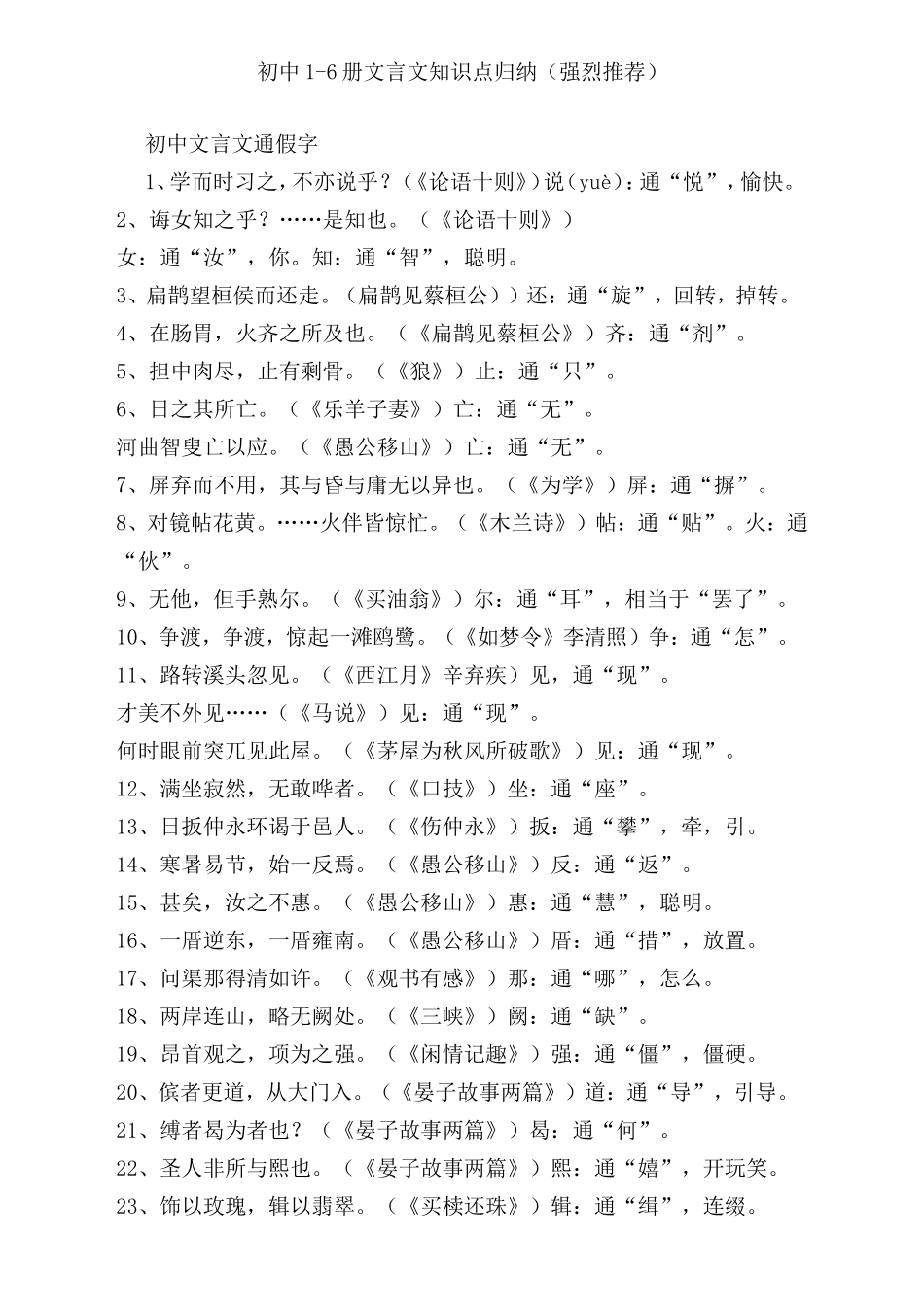 初中语文1-6册文言文知识点归纳(同名6771)_第1页