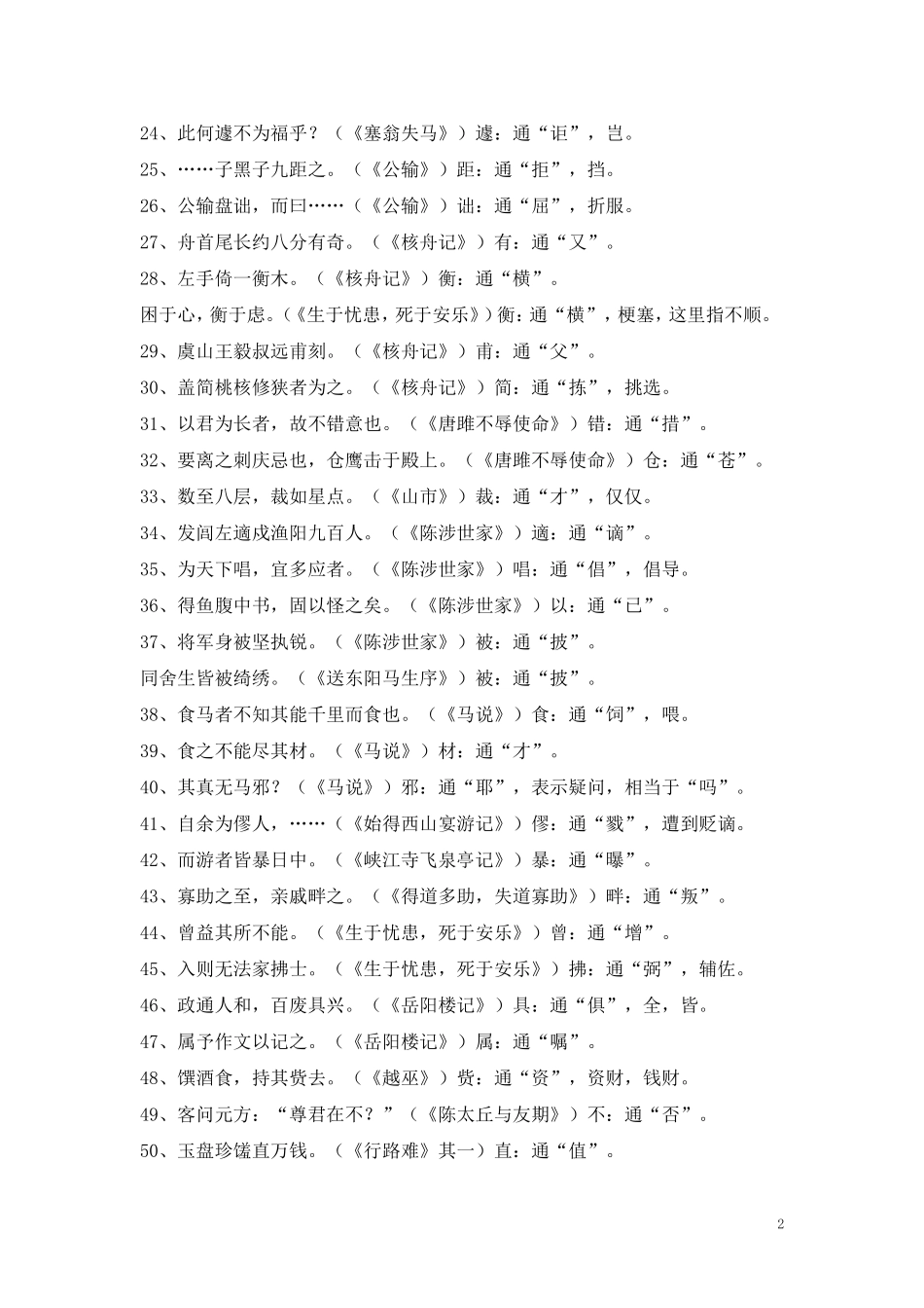 初中语文1-6册文言文知识点归纳大全(优秀资料A4打印版百)_第2页