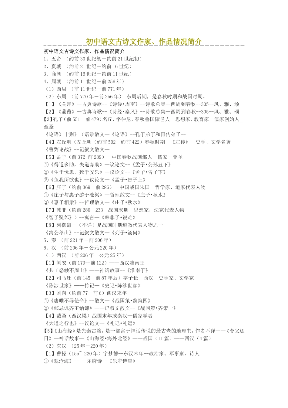 初中语文古诗文作家作品按朝代简介_第1页