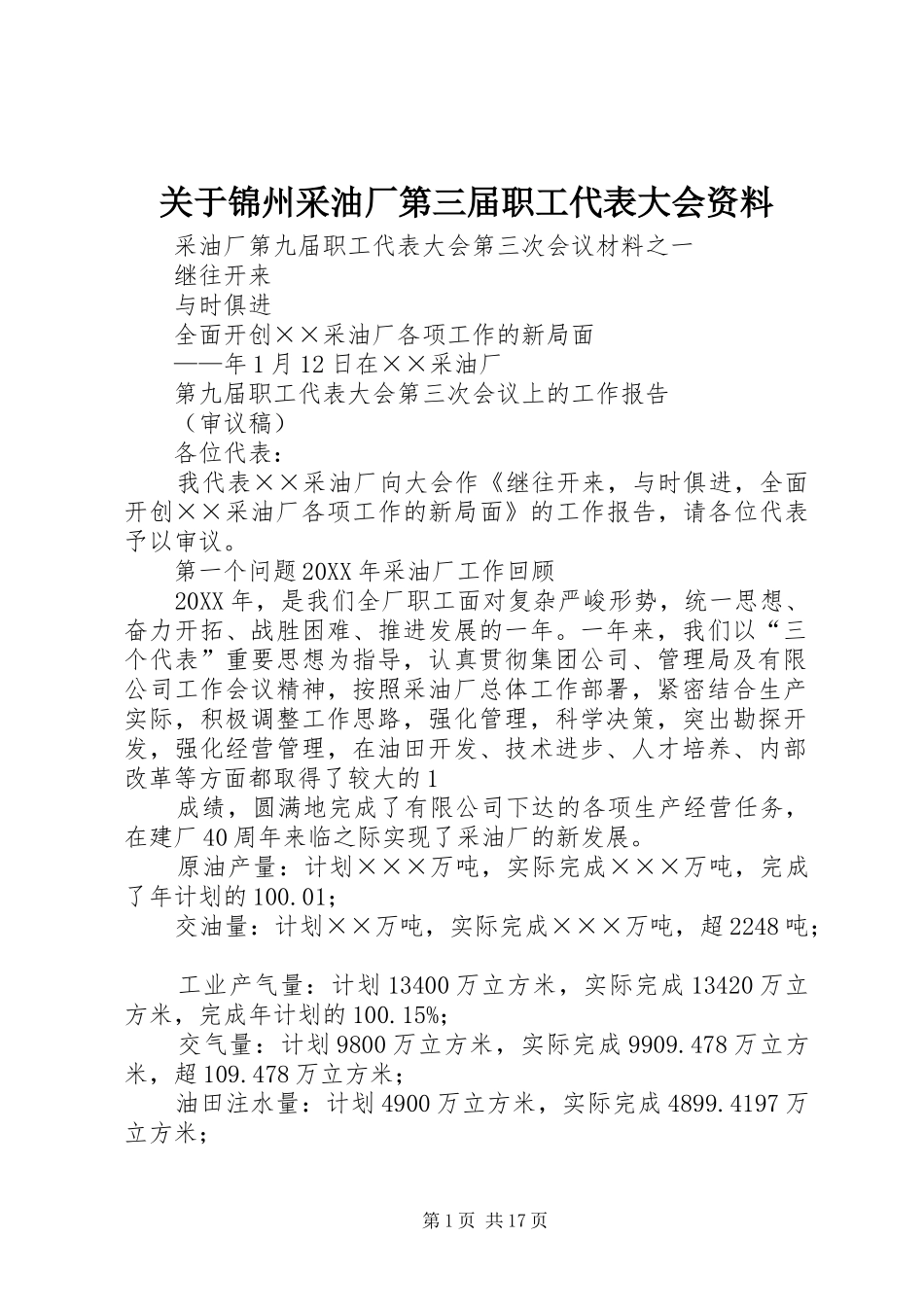 关于锦州采油厂第三届职工代表大会资料_第1页