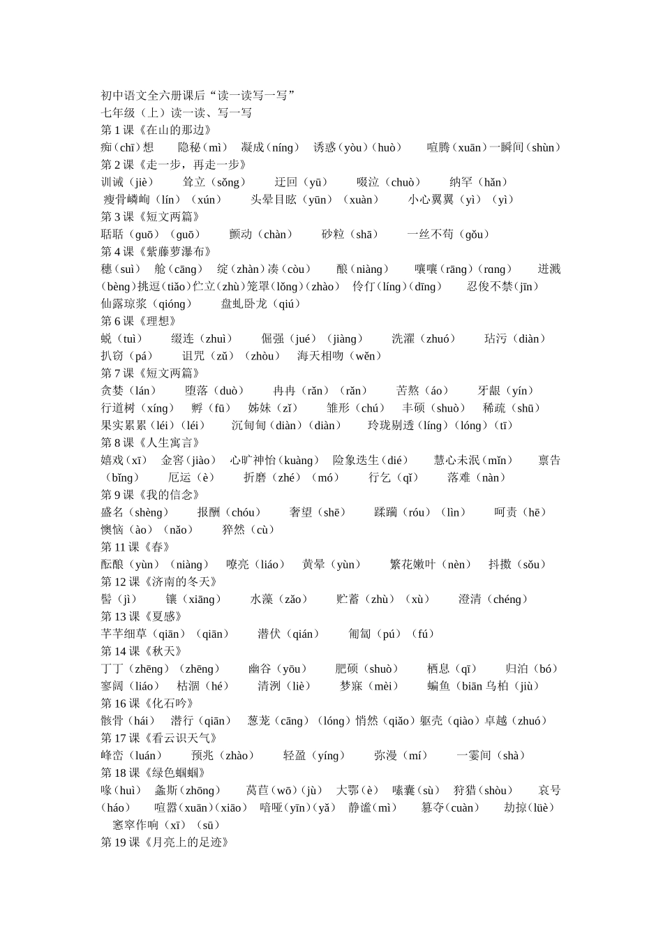 初中语文全六册课后生字词_第1页