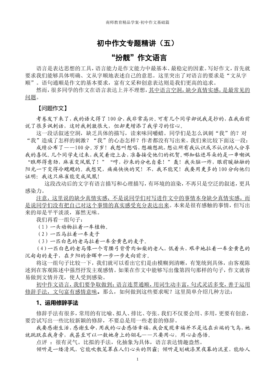 初中作文专题精讲(五)“扮靓”作文语言_第1页