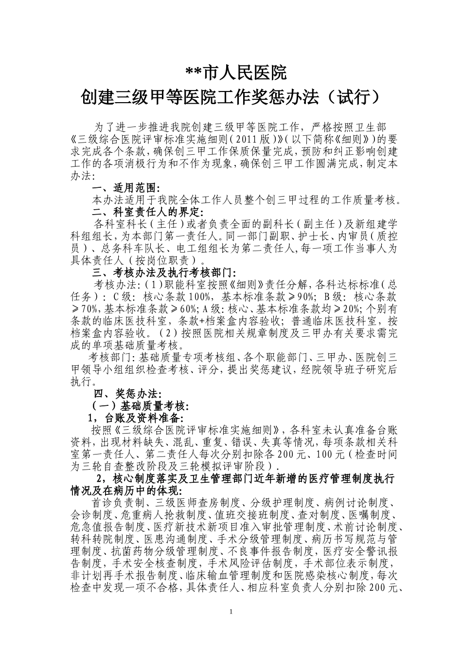 创三甲医院工作奖惩管理办法(2015-7-31)-修改好_第1页