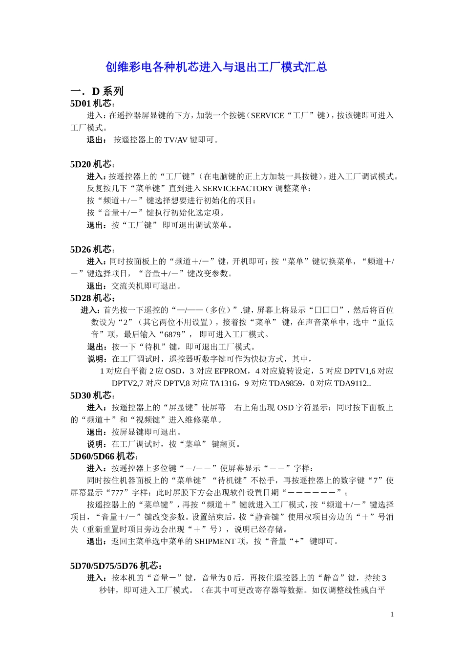 创维彩电各种机芯进入与退出工厂模式汇总_第1页
