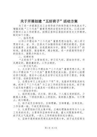 关于开展创建五好班子活动方案
