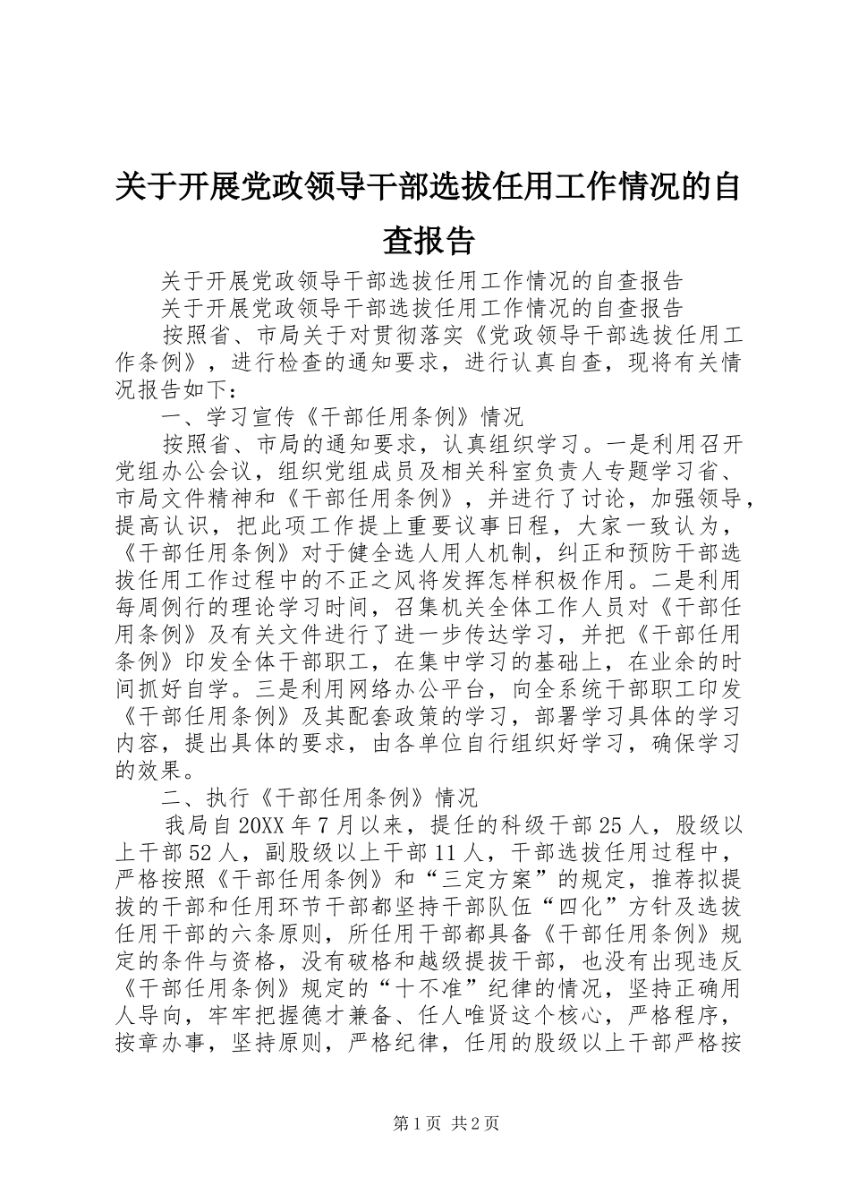 关于开展党政领导干部选拔任用工作情况的自查报告_第1页