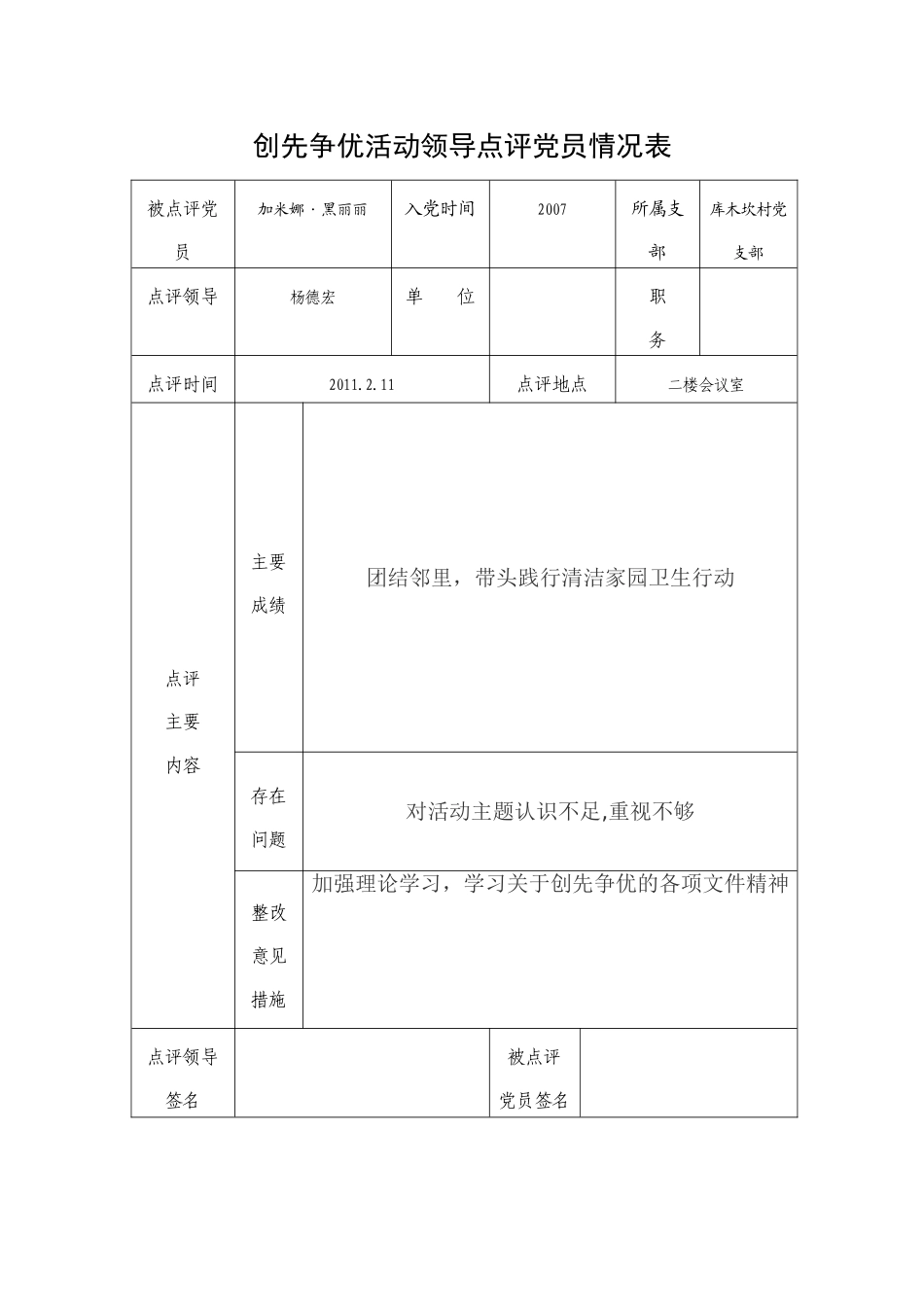 创先争优活动领导点评党员表_第1页