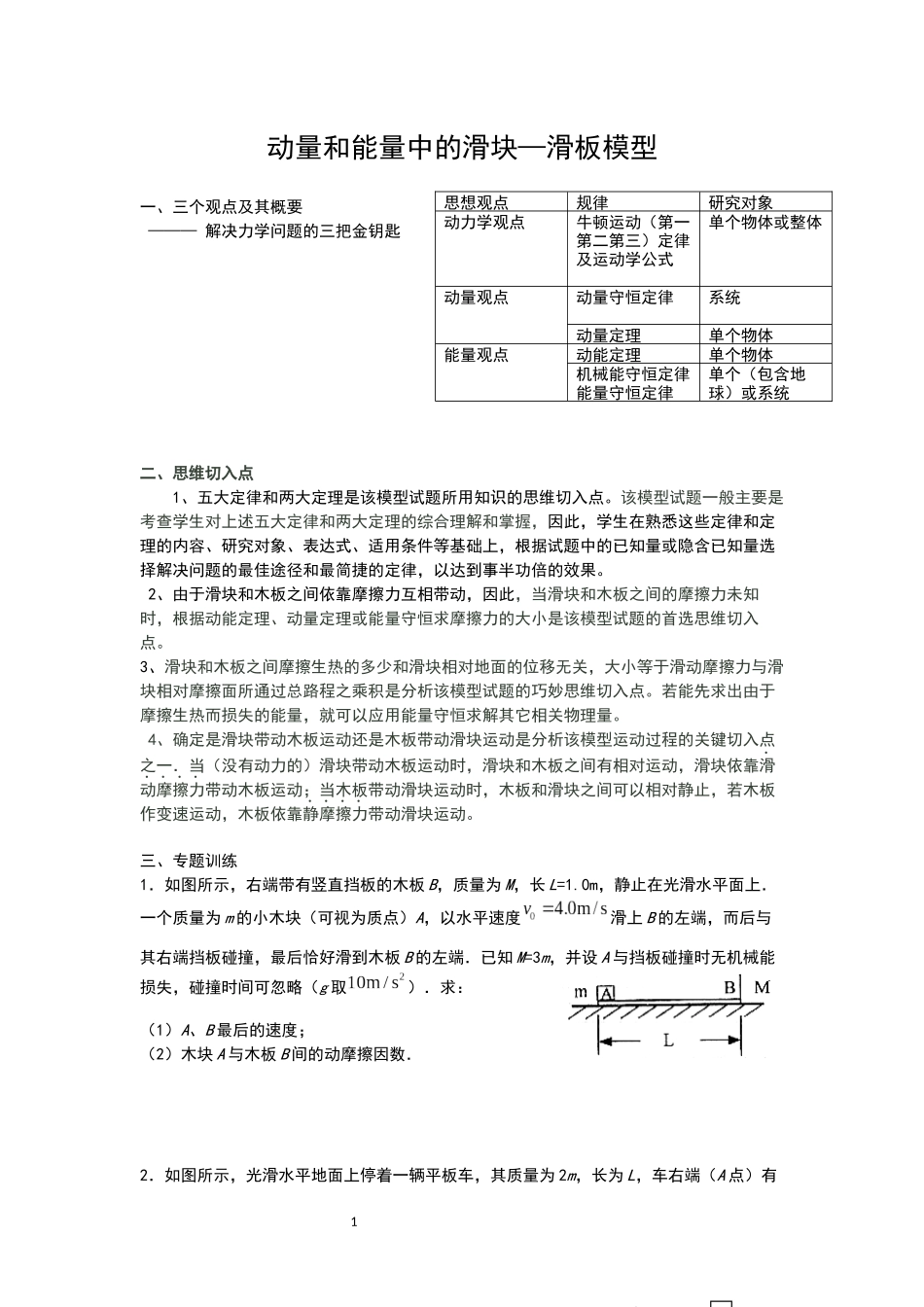 动量和能量中的滑板滑块模型专题_第1页