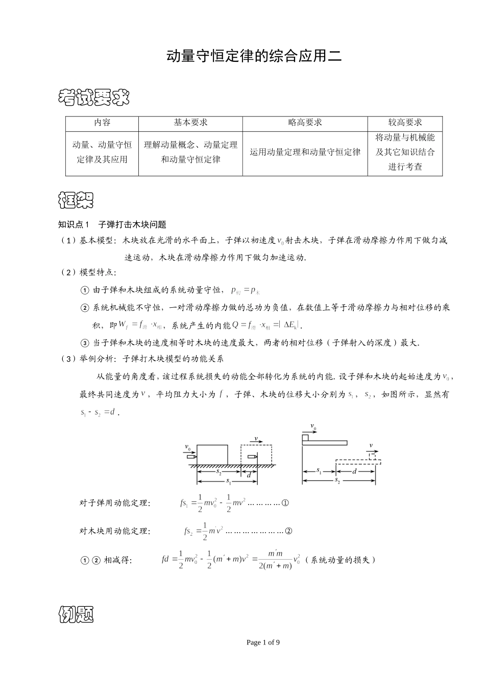 动量守恒定律的综合应用二----弹簧-----------子弹打木块(A)_第1页