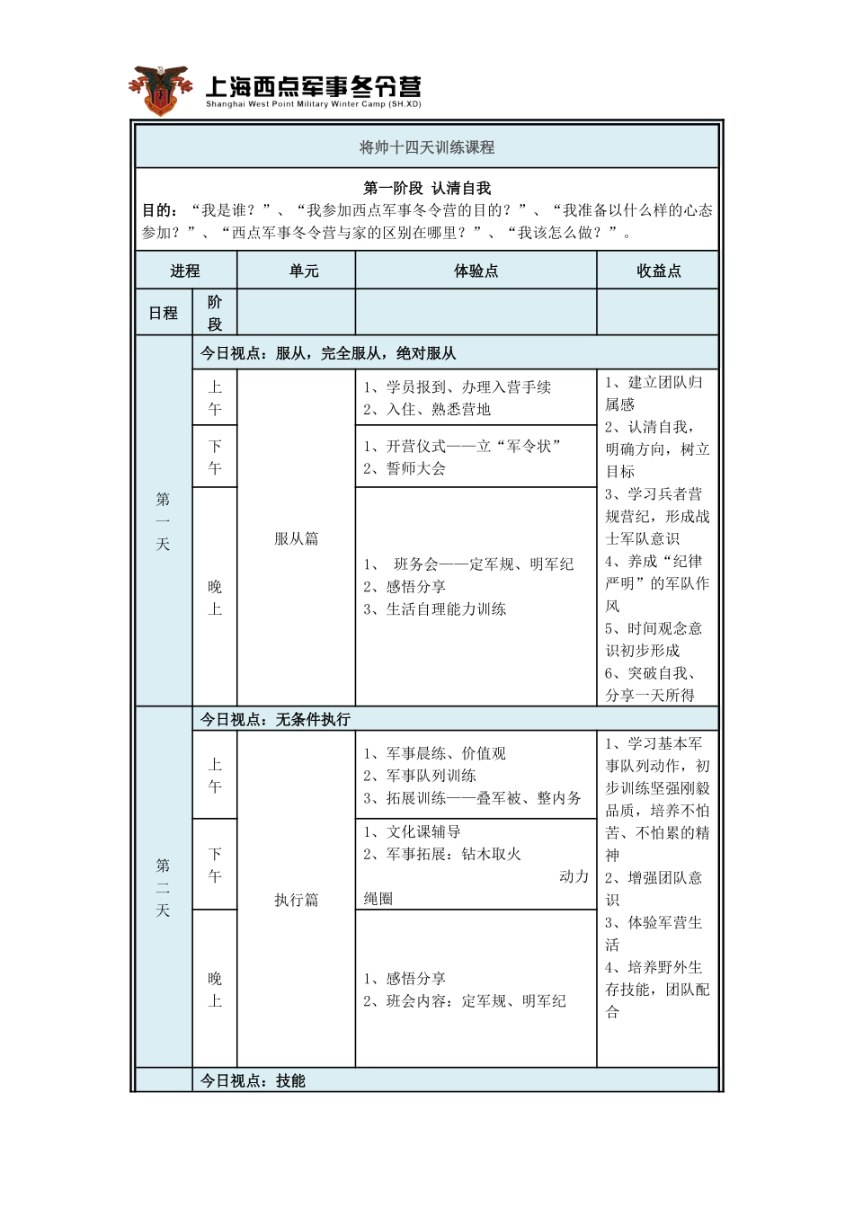 冬令营14天(将帅营)详细课程训练方案_第1页