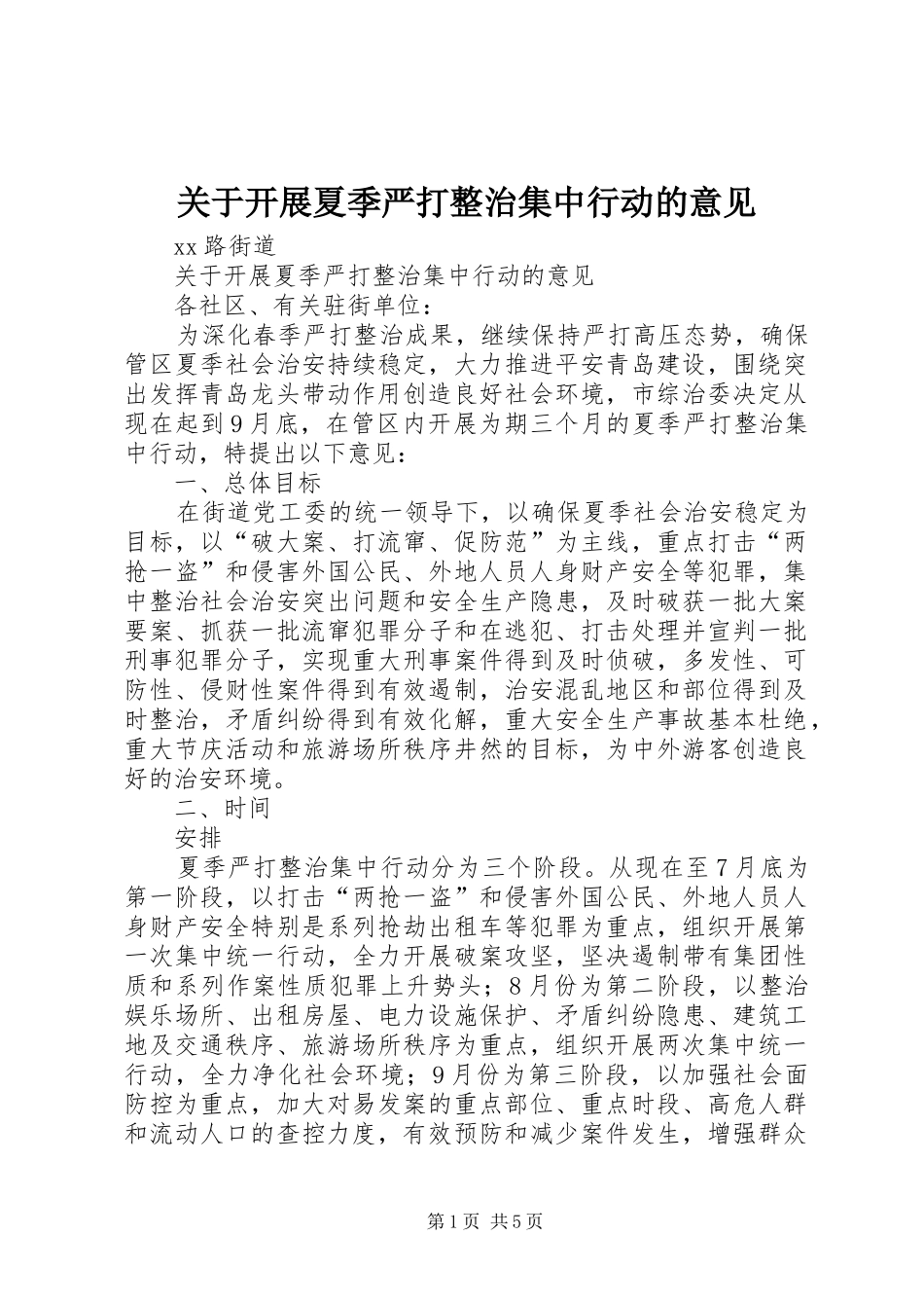 关于开展夏季严打整治集中行动的意见_第1页