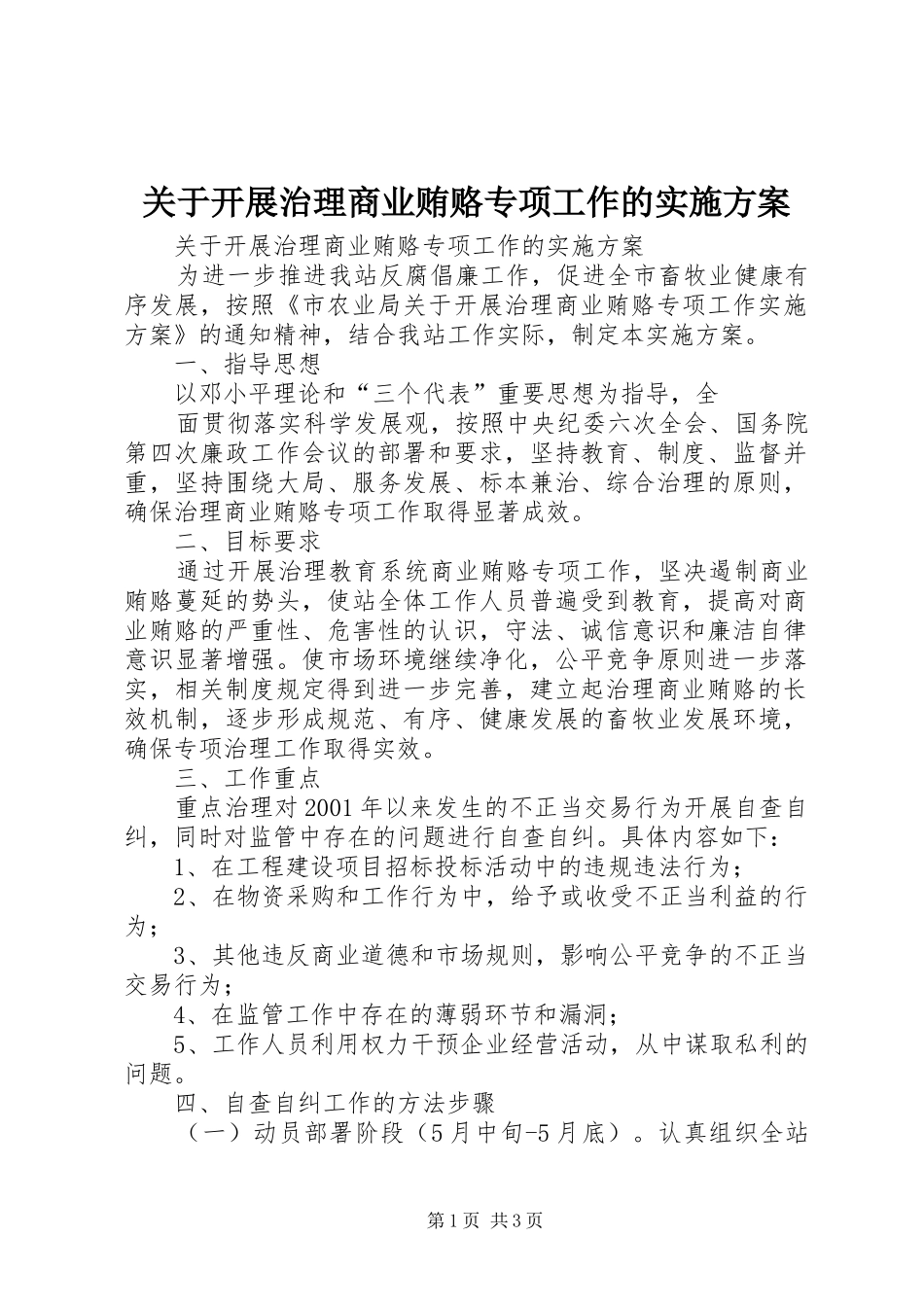 关于开展治理商业贿赂专项工作的实施方案_第1页