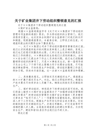 关于矿业集团井下劳动组织整顿意见的汇报