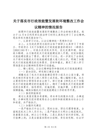 关于落实市行政效能暨发展软环境整改工作会议精神的情况报告