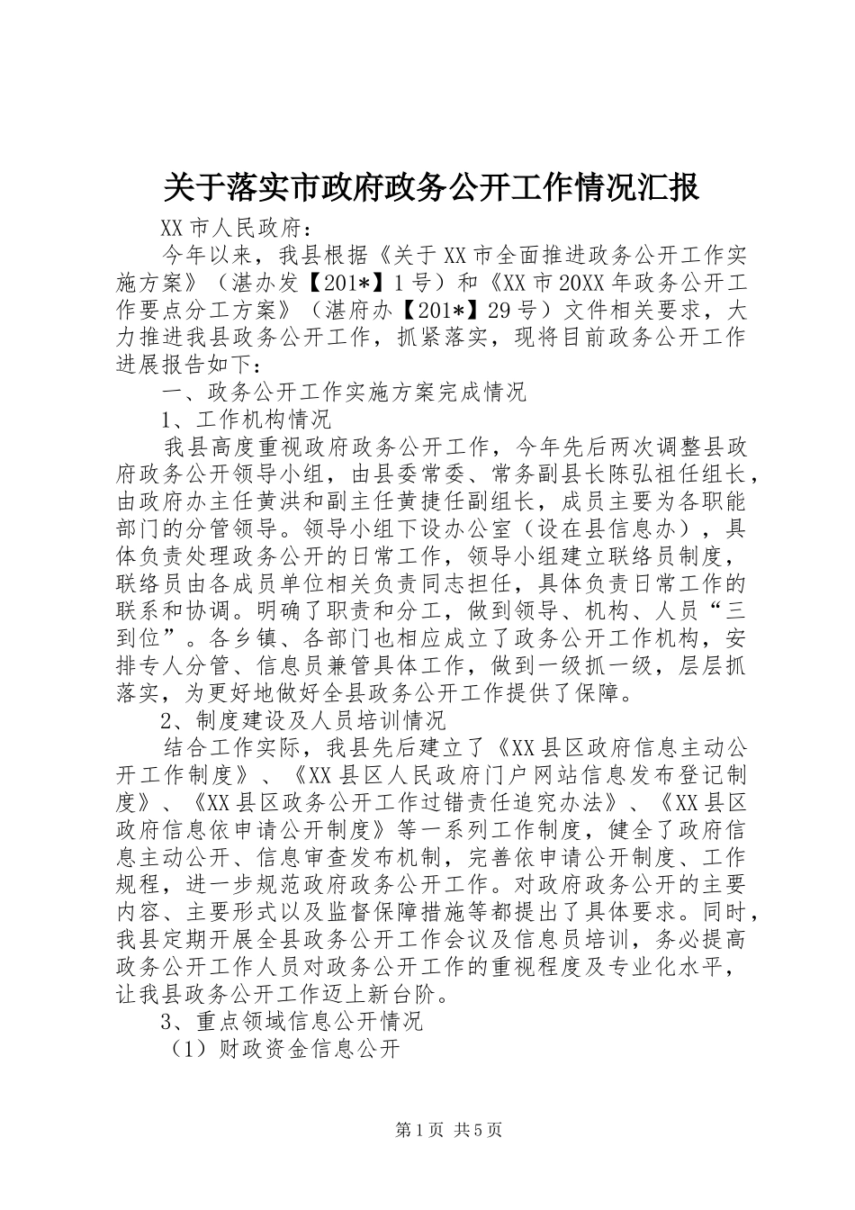 关于落实市政府政务公开工作情况汇报_第1页