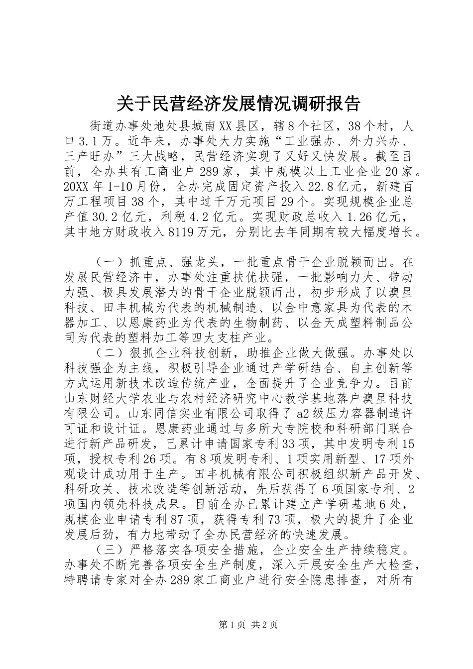 关于民营经济发展情况调研报告_第1页