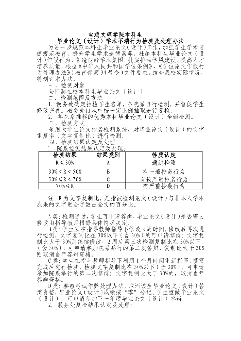 关于《宝鸡文理学院本科生毕业设计学术不端行为检测及处理办法》(试行)_第1页