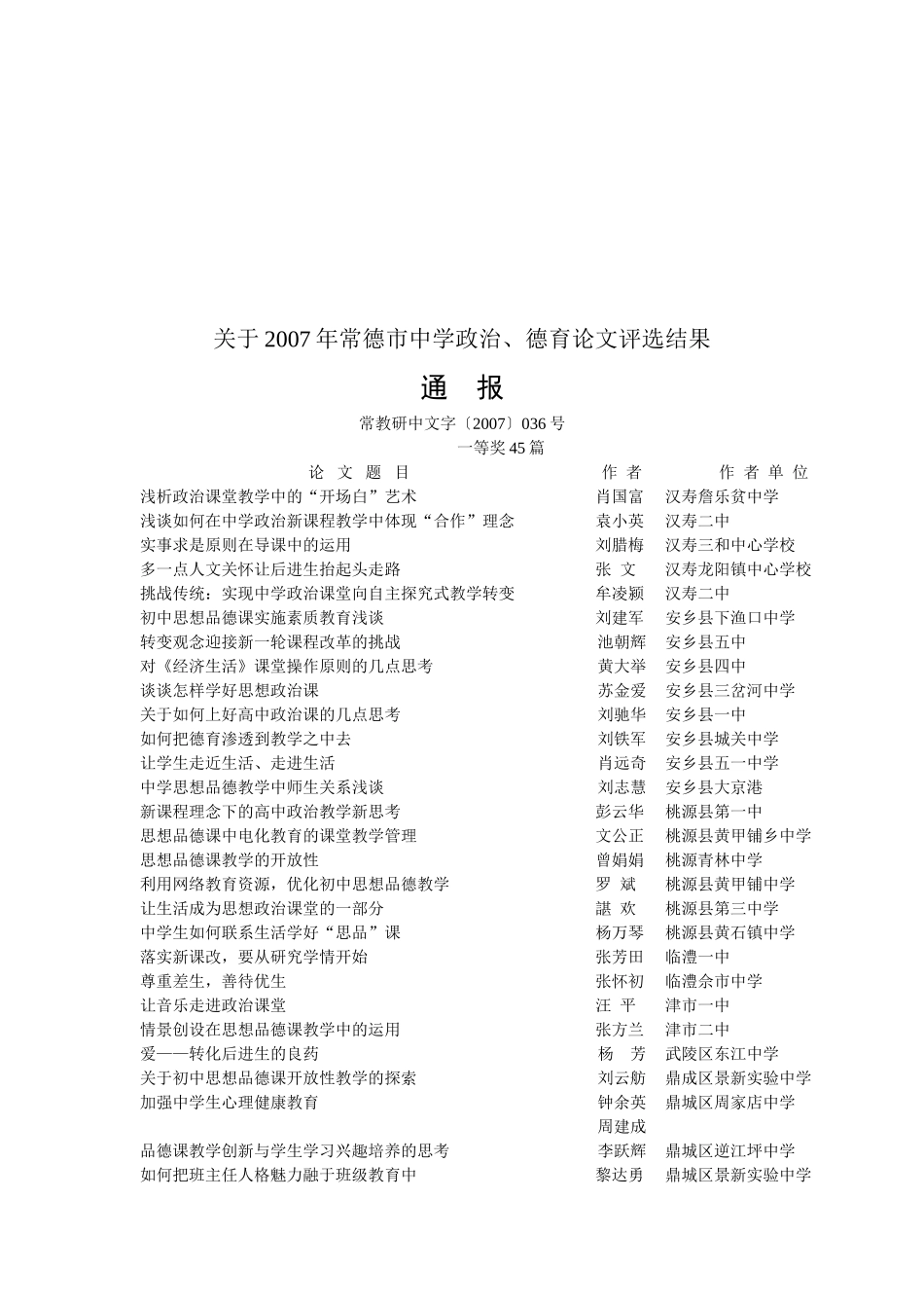 关于2007年常德市中学政治-德育论文评选结果_第1页