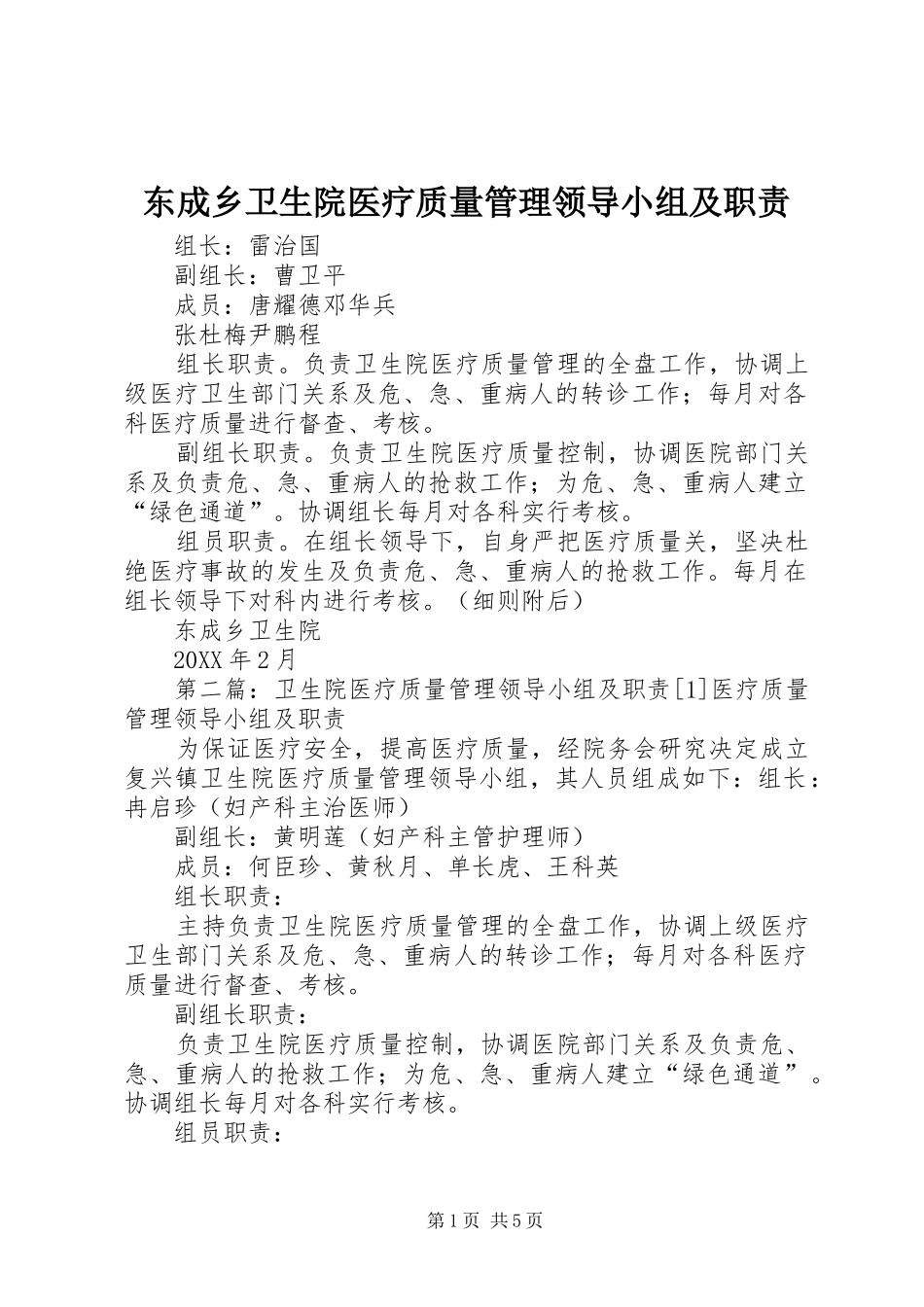 东成乡卫生院医疗质量管理领导小组及职责_第1页