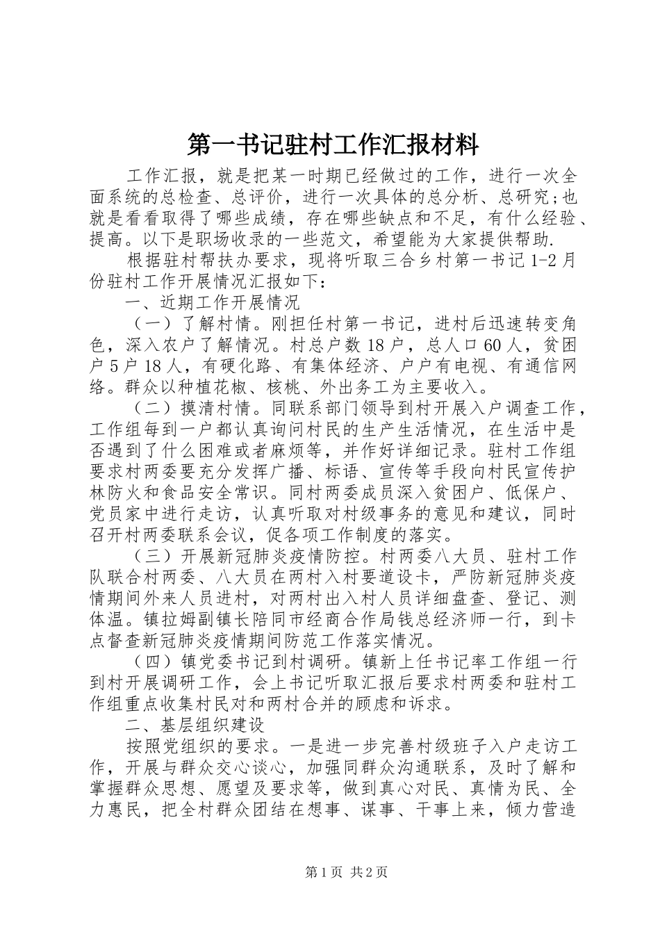 第一书记驻村工作汇报材料_第1页