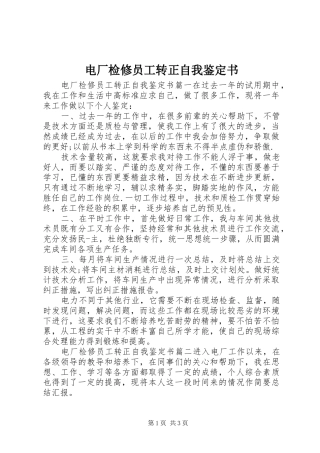 电厂检修员工转正自我鉴定书