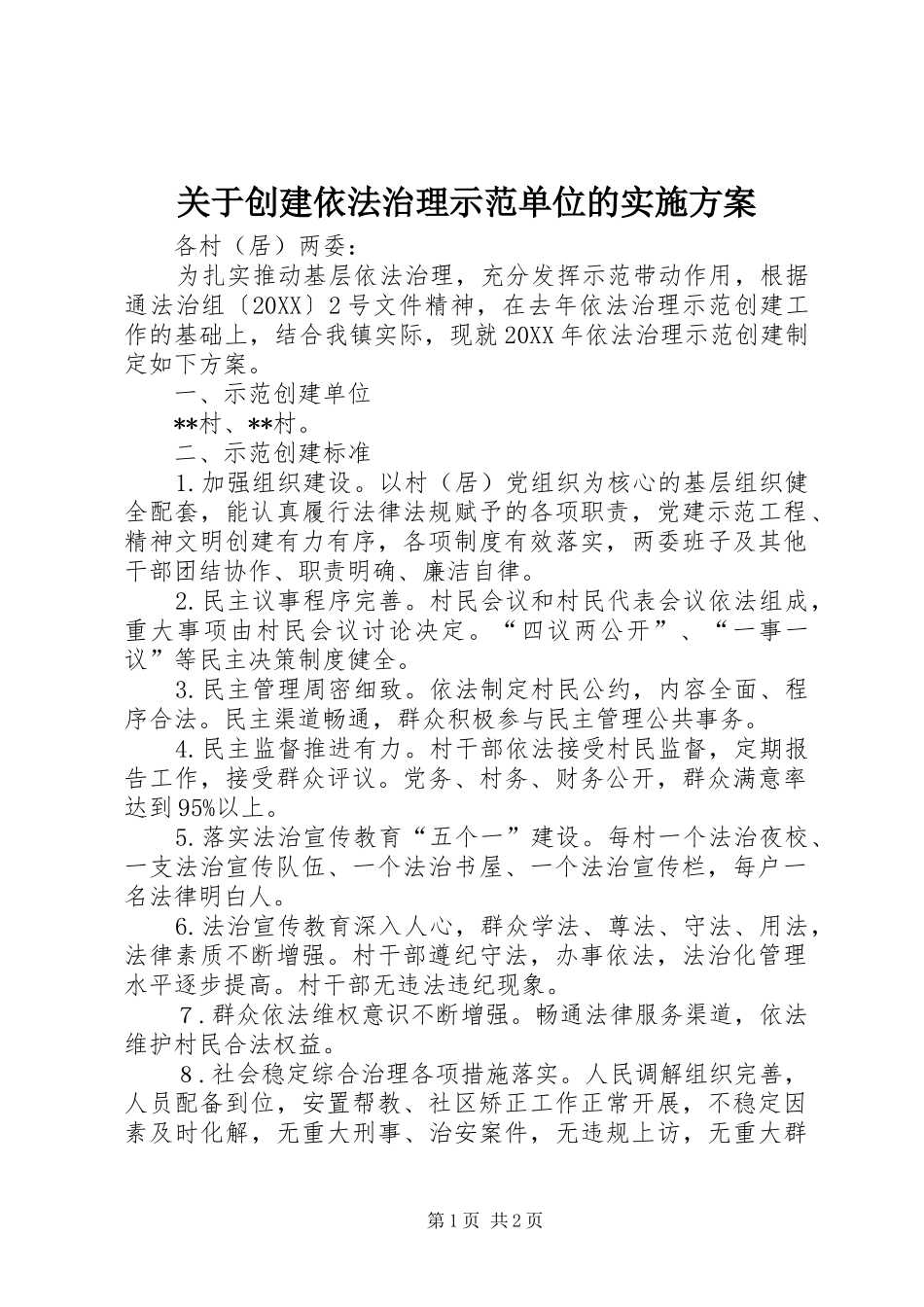 关于创建依法治理示范单位的实施方案_第1页