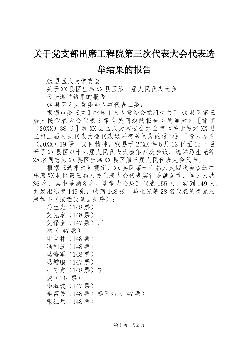 关于党支部出席工程院第三次代表大会代表选举结果的报告_第1页