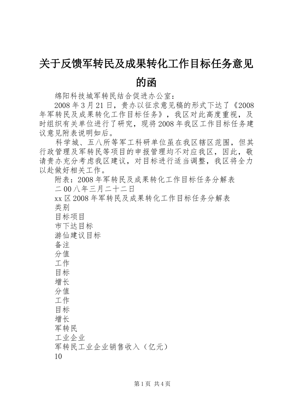 关于反馈军转民及成果转化工作目标任务意见的函_第1页