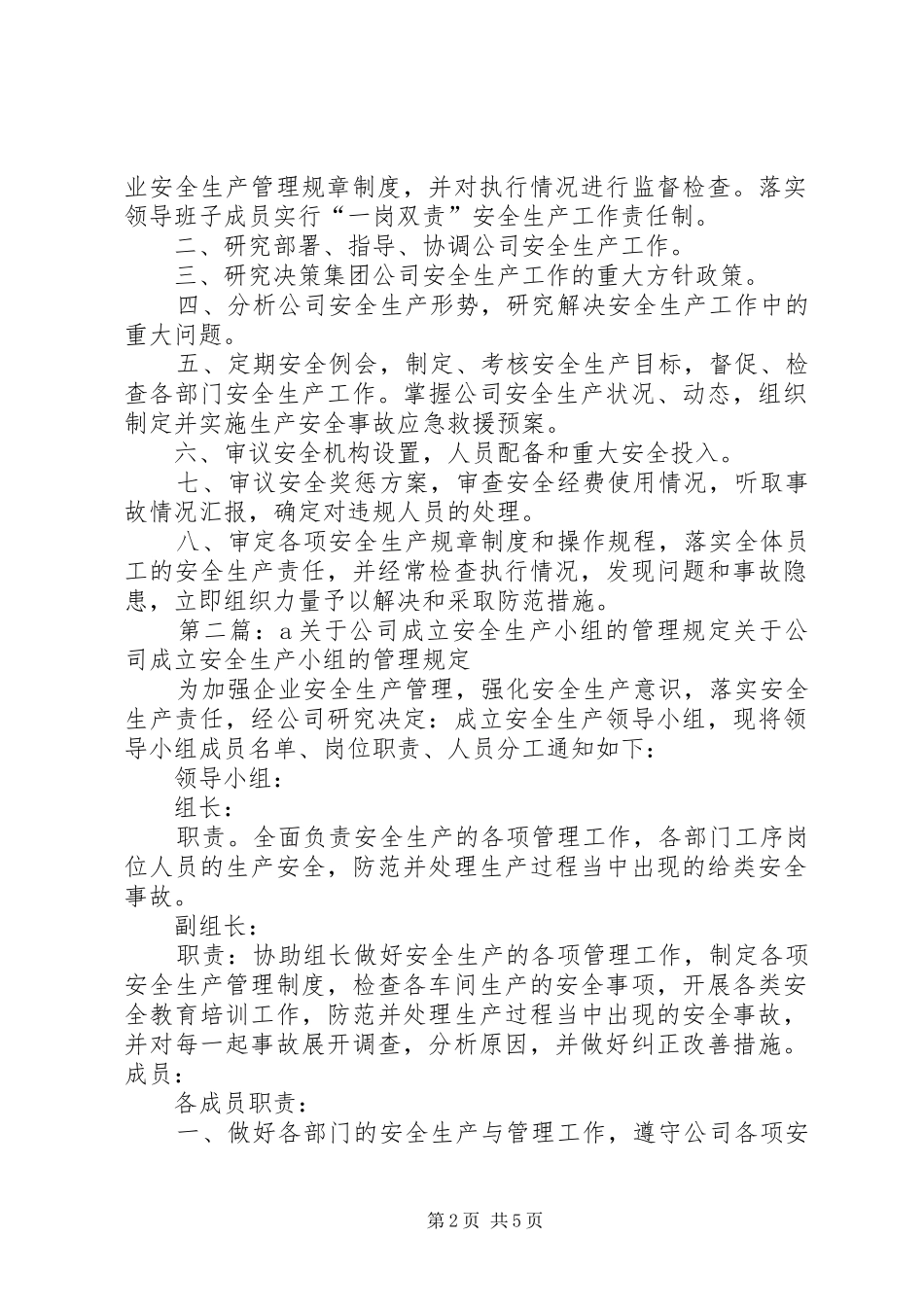 关于公司成立安全生产小组的管理规定_第2页