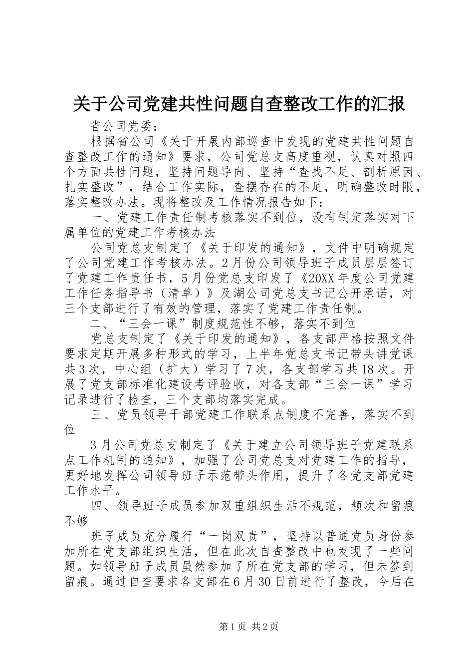 关于公司党建共性问题自查整改工作的汇报_第1页