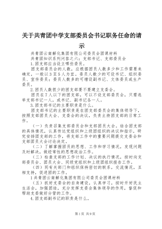 关于共青团中学支部委员会书记职务任命的请示