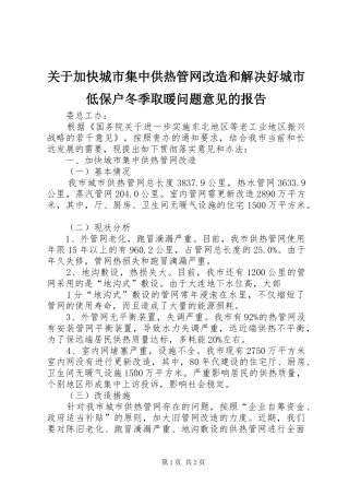 关于加快城市集中供热管网改造和解决好城市低保户冬季取暖问题意见的报告