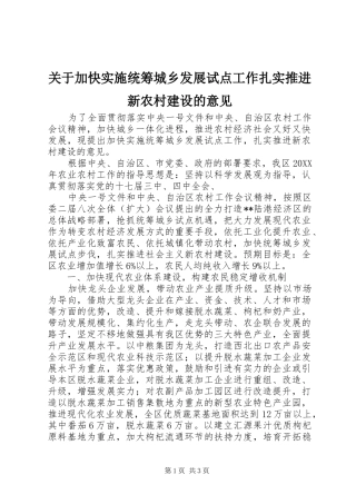 关于加快实施统筹城乡发展试点工作扎实推进新农村建设的意见