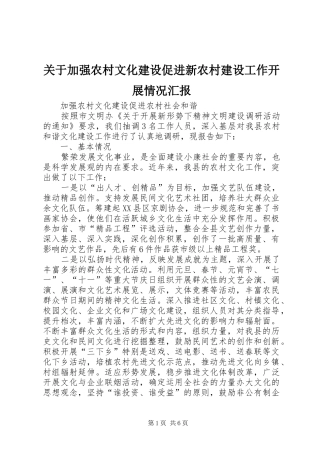 关于加强农村文化建设促进新农村建设工作开展情况汇报