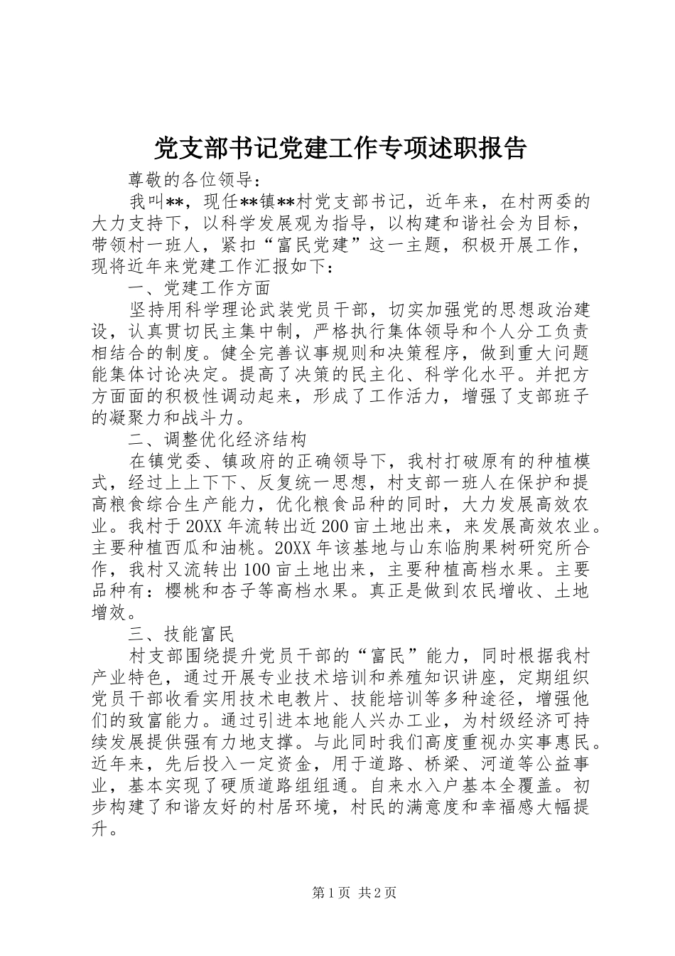 党支部书记党建工作专项述职报告_第1页