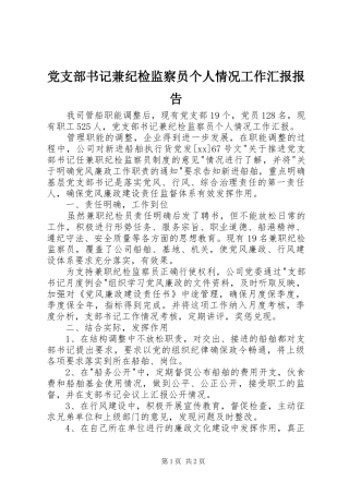 党支部书记兼纪检监察员个人情况工作汇报报告