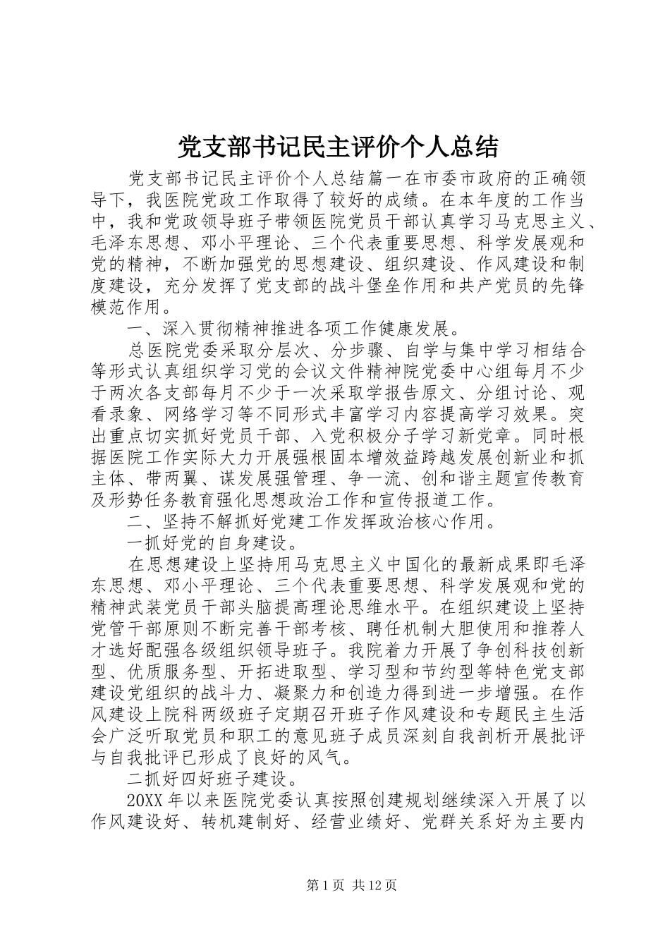党支部书记民主评价个人总结_第1页