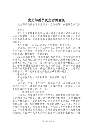 党支部委员民主评价意见
